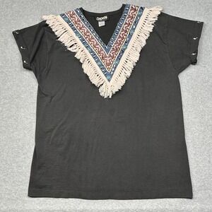 Vintage Gepetto‎ Shirt Womens Large Fringe Aztec Western Tee Turquoise USA 90s